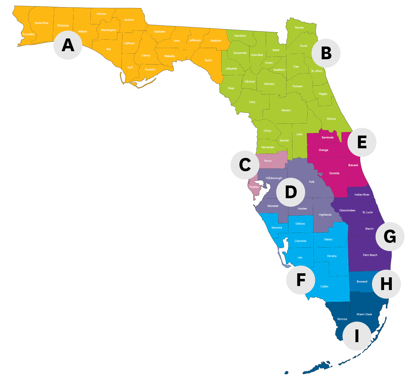 Map of Florida showing AHCA regions A-I