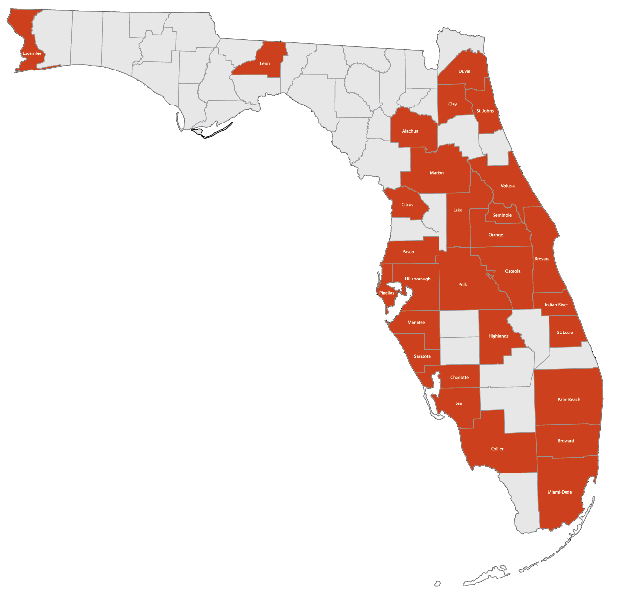 Florida Map showing counties with Honor Roll hospitals