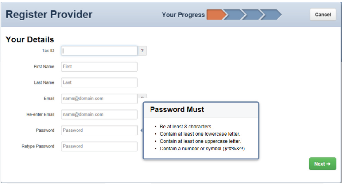 Screenshot of the Provider detail fields and password requirements.