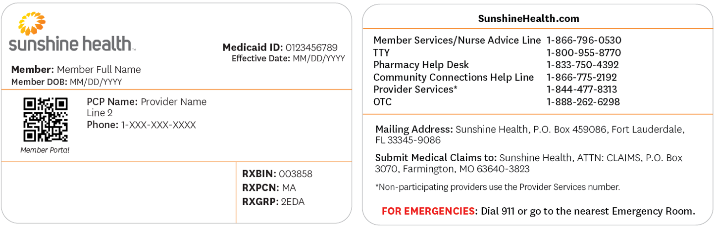 Front and back side of new Sunshine Health Member ID cards for all Medicaid lines of business.