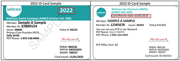 2022 ID Card sample with plan year and 2023 ID Card sample showing member effective date