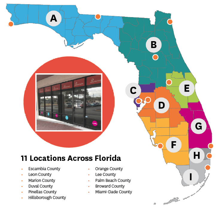 Map of AHCA Regions A-I with locations of 11 CCCs across Florida